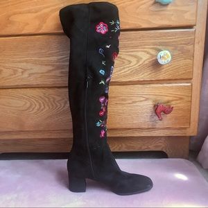 Embroidered and black velvet knee high boots